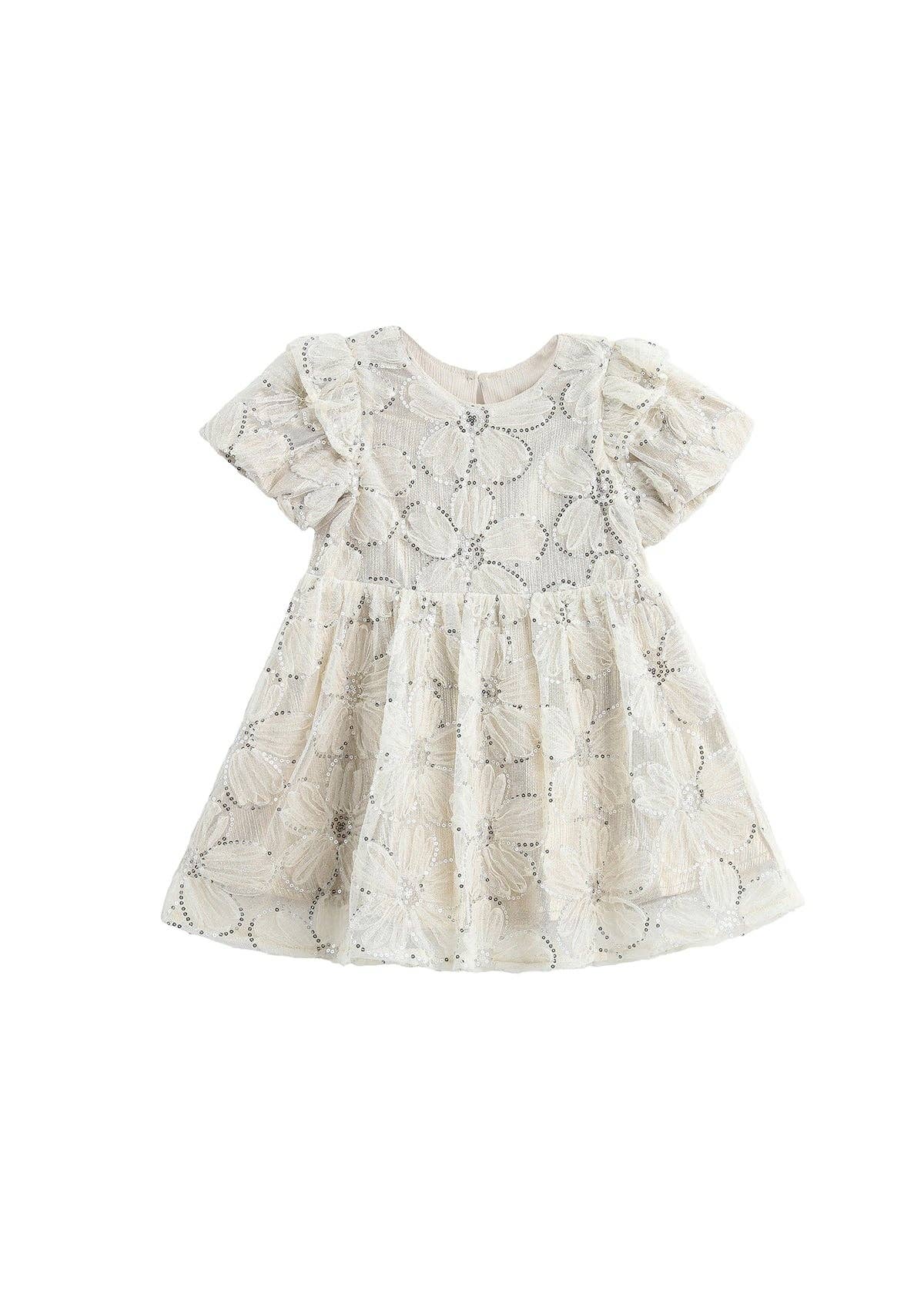 Front of beige lace dress on white background