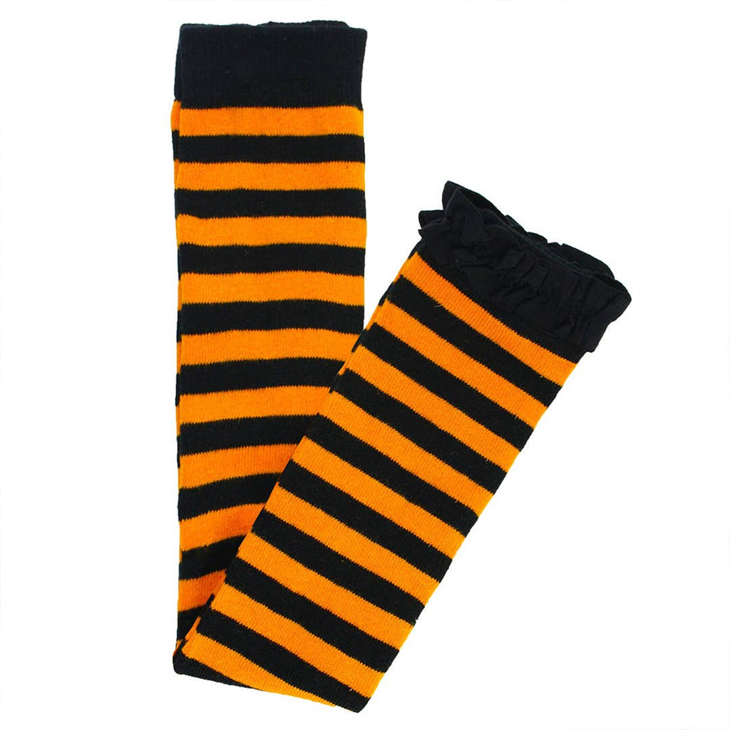 A pair of knit leg warmers with horizontal orange and black stripes, featuring solid black cuffs and ruffled black tops, displayed on a plain white background.