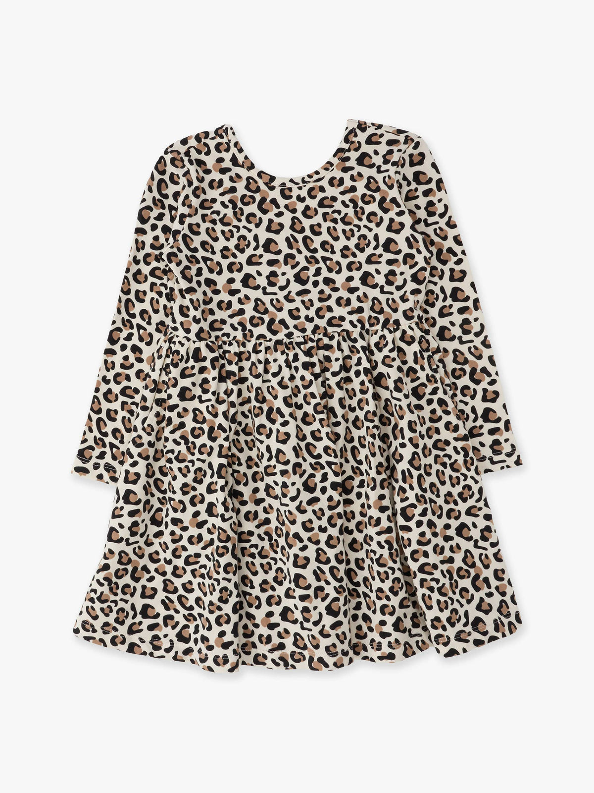 A long-sleeve tiered dress with a brown and black leopard print pattern on a beige background, shown against a plain white background.
