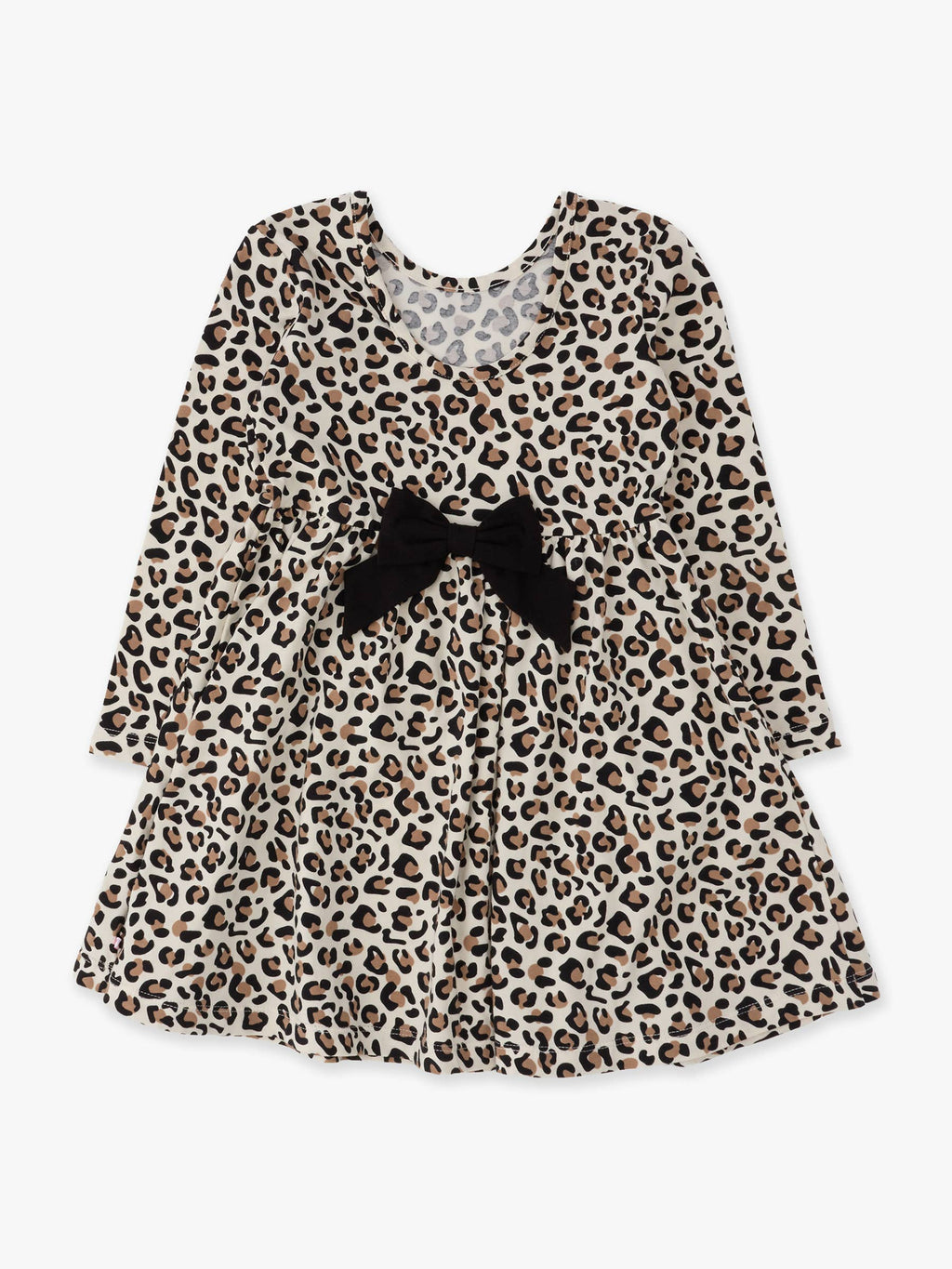 A long-sleeve babydoll dress with a beige, brown, and black leopard print pattern, featuring a prominent black bow at the center of the waist.