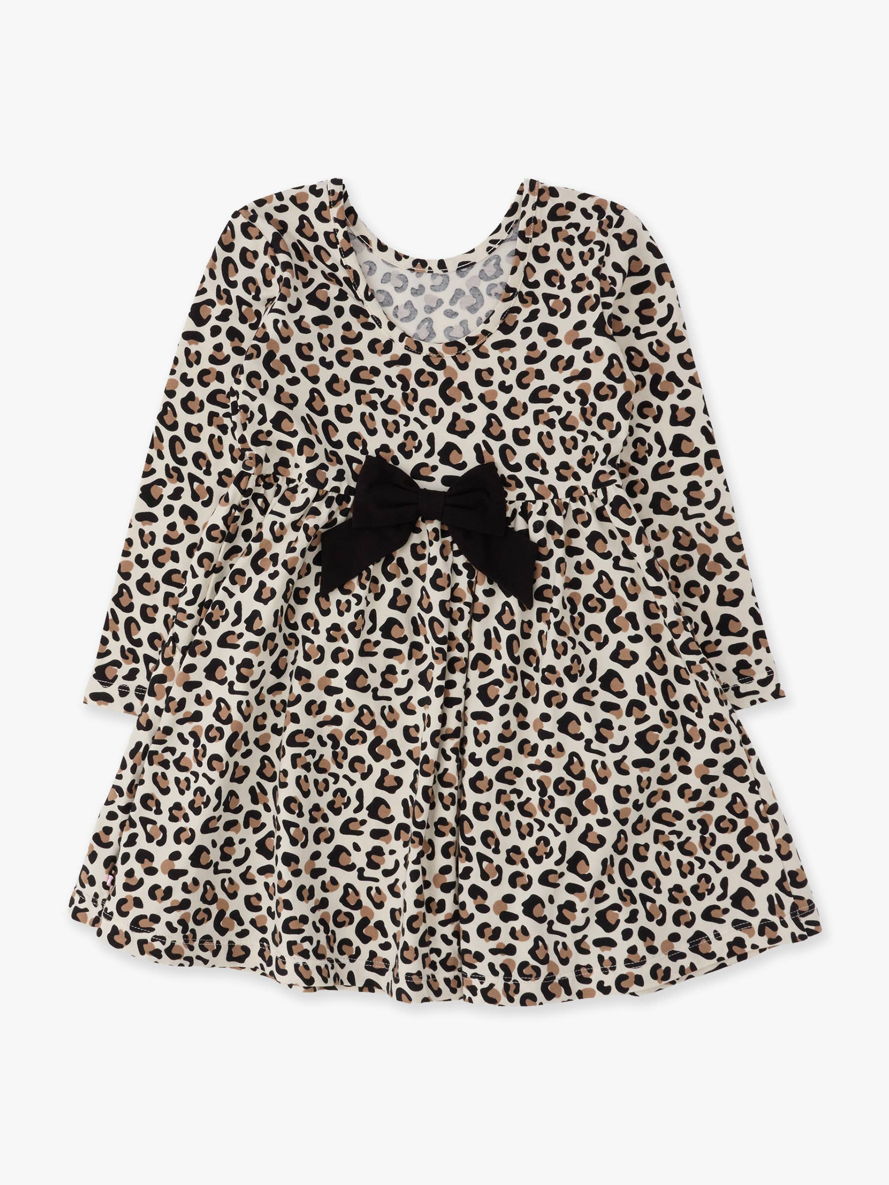 A long-sleeve babydoll dress with a beige, brown, and black leopard print pattern, featuring a prominent black bow at the center of the waist.