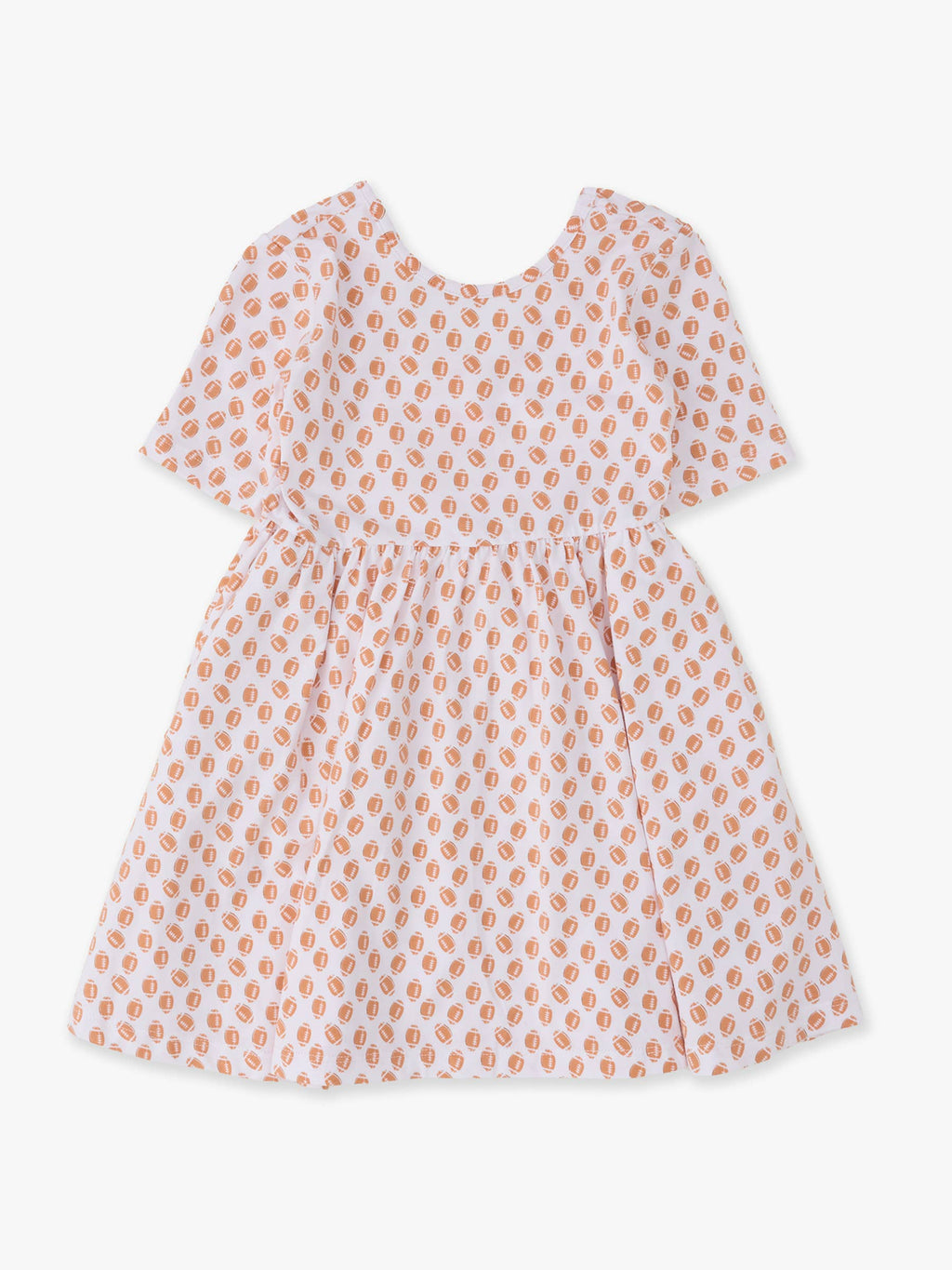A short-sleeve baby dress with a white base and a repeating peach-orange paisley pattern, shown flat against a light gray background.