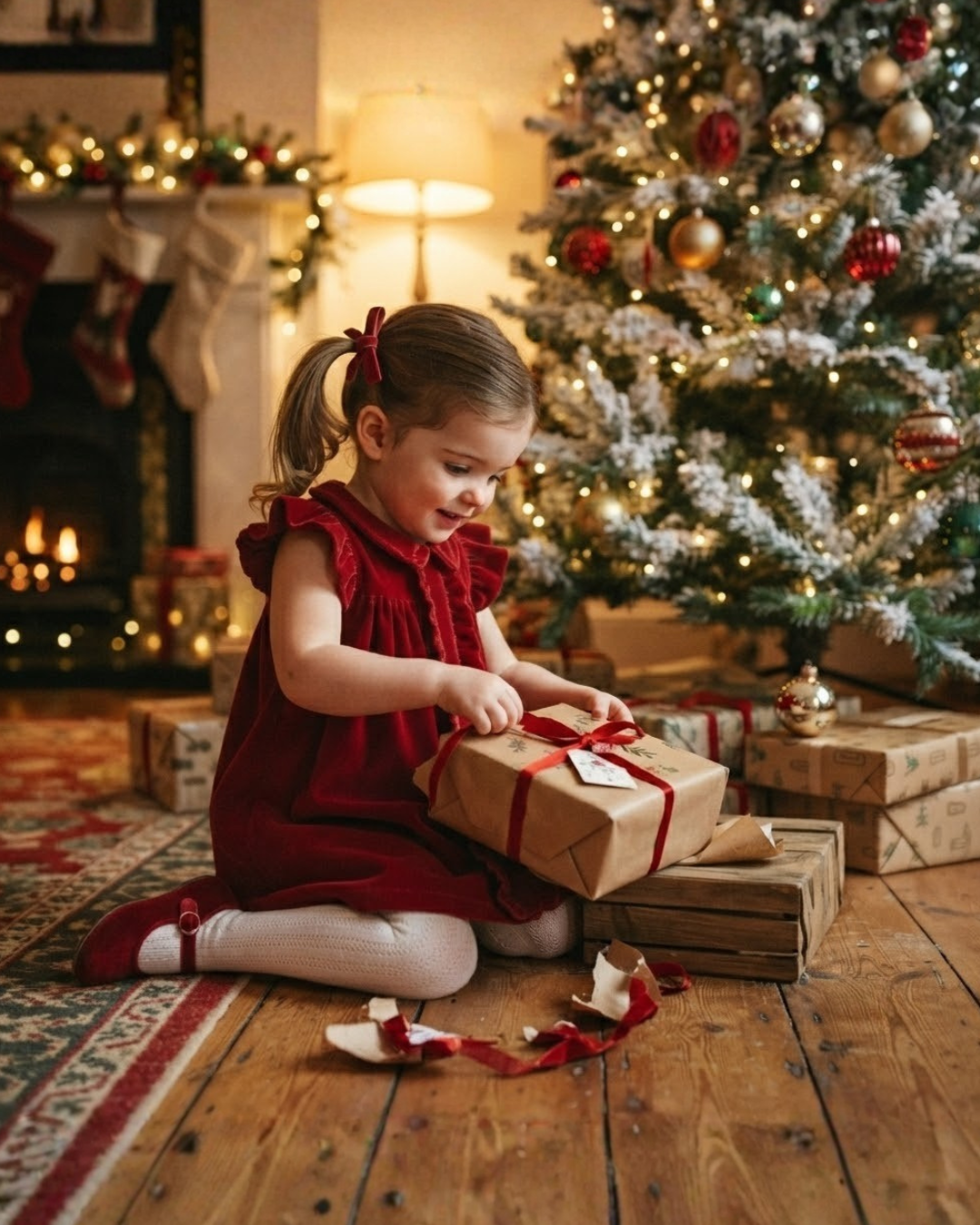 A young girl in a red dress sits on a wooden floor in front of a decorated Christmas tree, wrapping a gift box with red ribbon and paper tags.