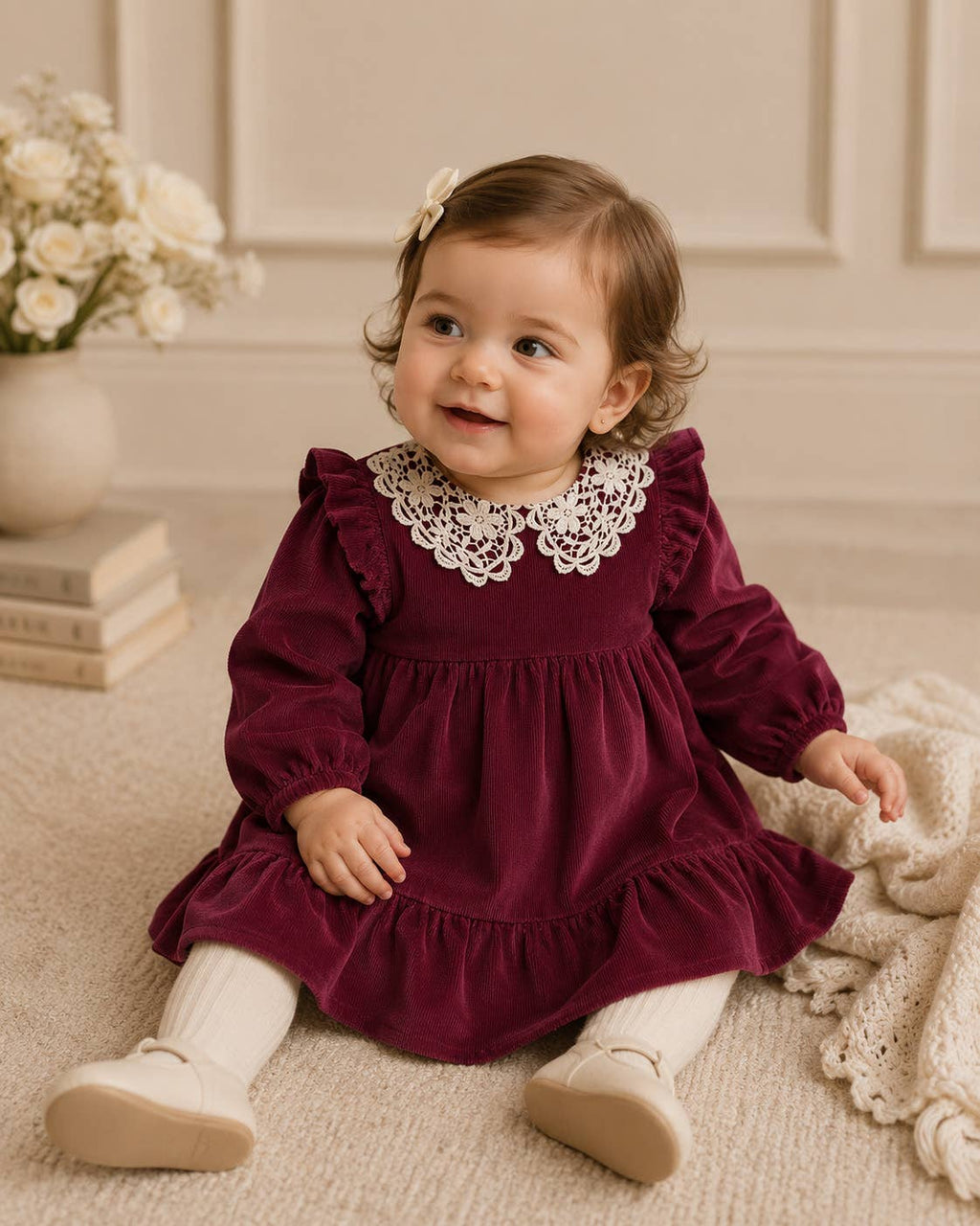 Toddler wearing corduroy raspberry dress
