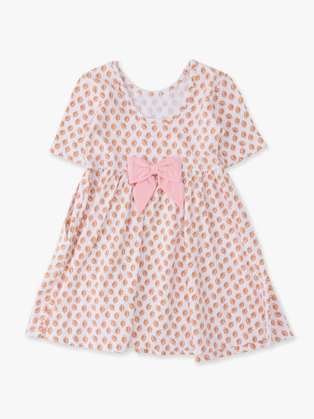 A short-sleeve baby dress with an all-over peach and white pattern, featuring a large pink bow at the center of the waist.