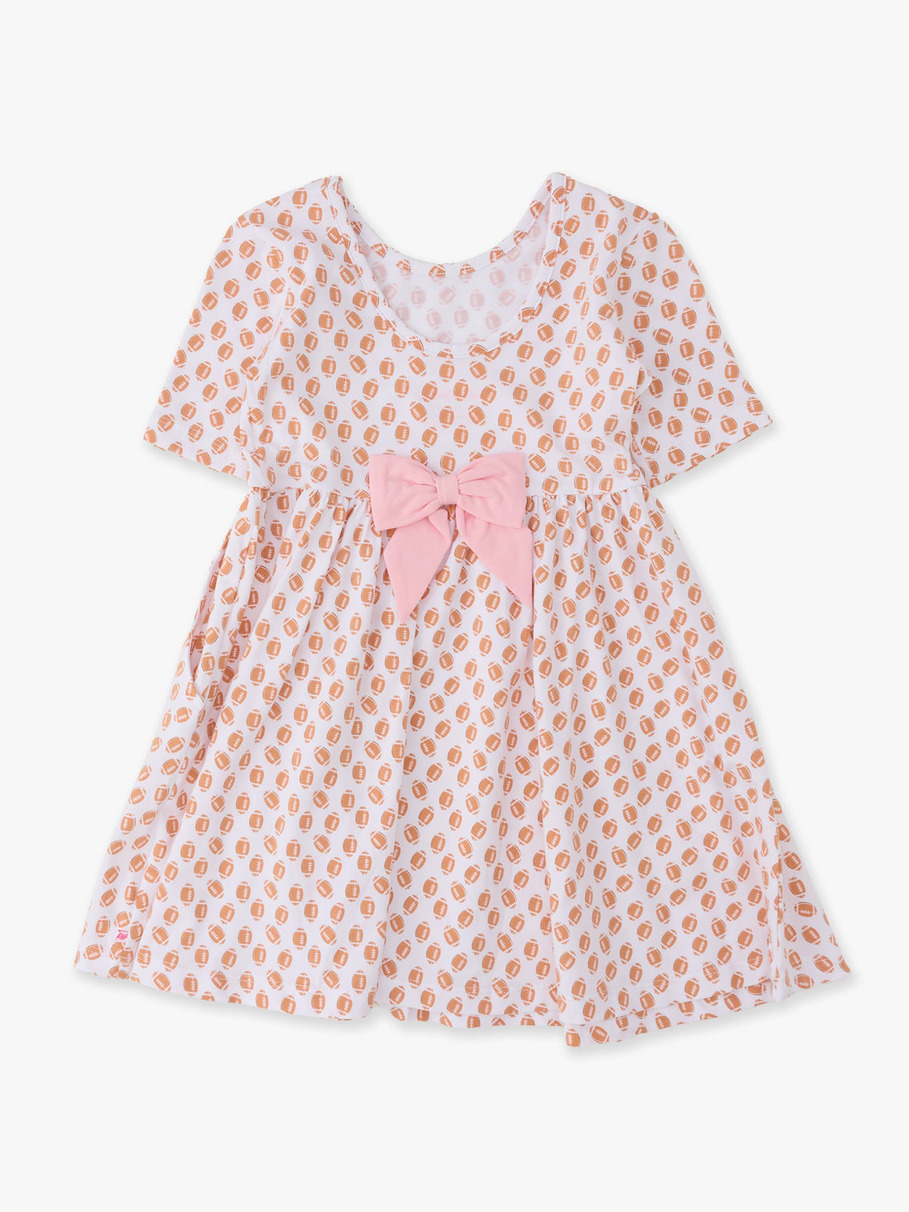 A short-sleeve baby dress with an all-over peach and white pattern, featuring a large pink bow at the center of the waist.