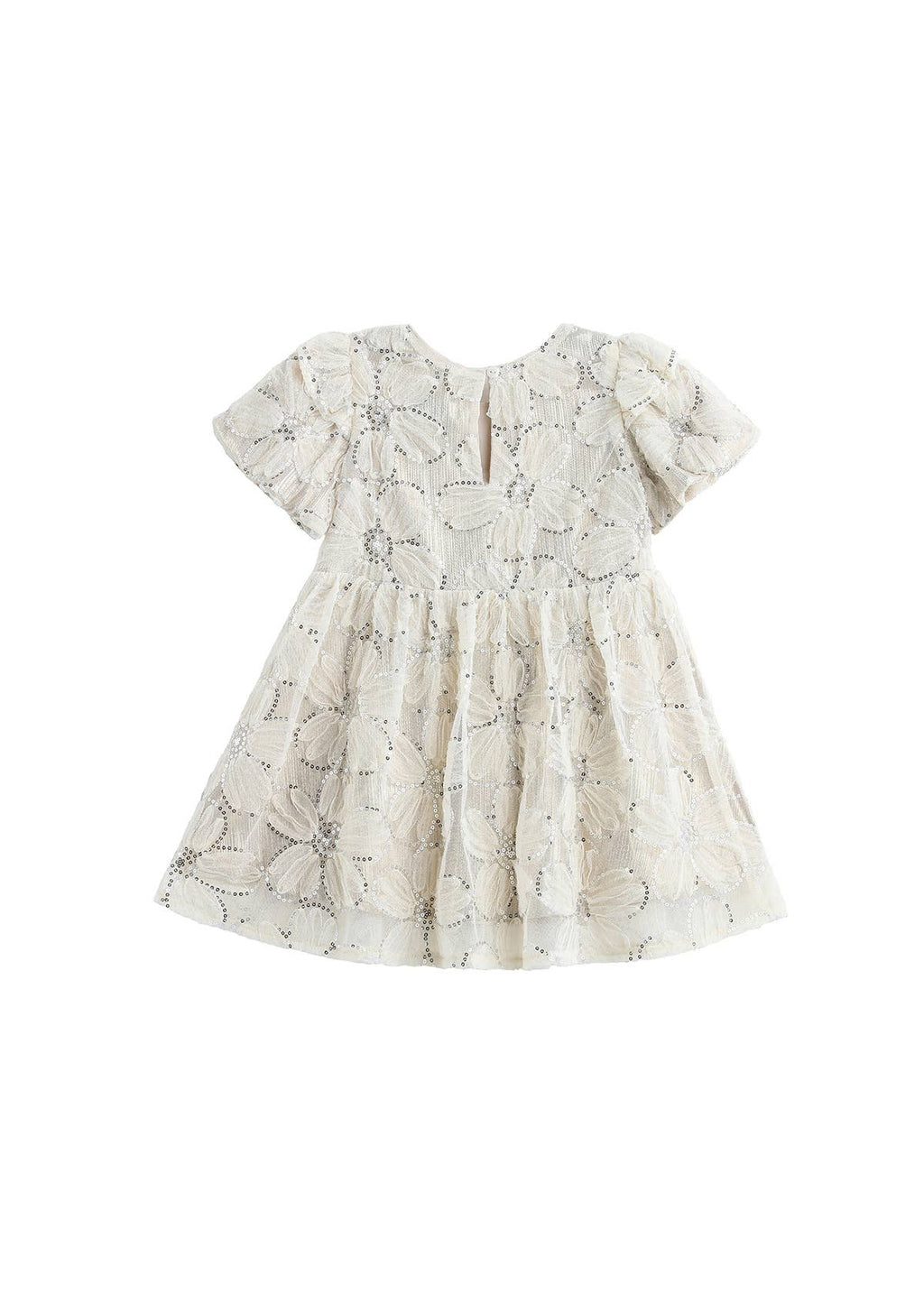 Back of beige lace dress on white background
