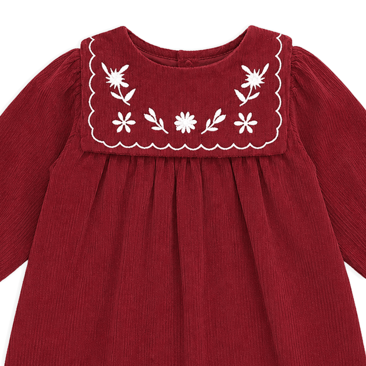 Red dress with white floral embroidery on a black background