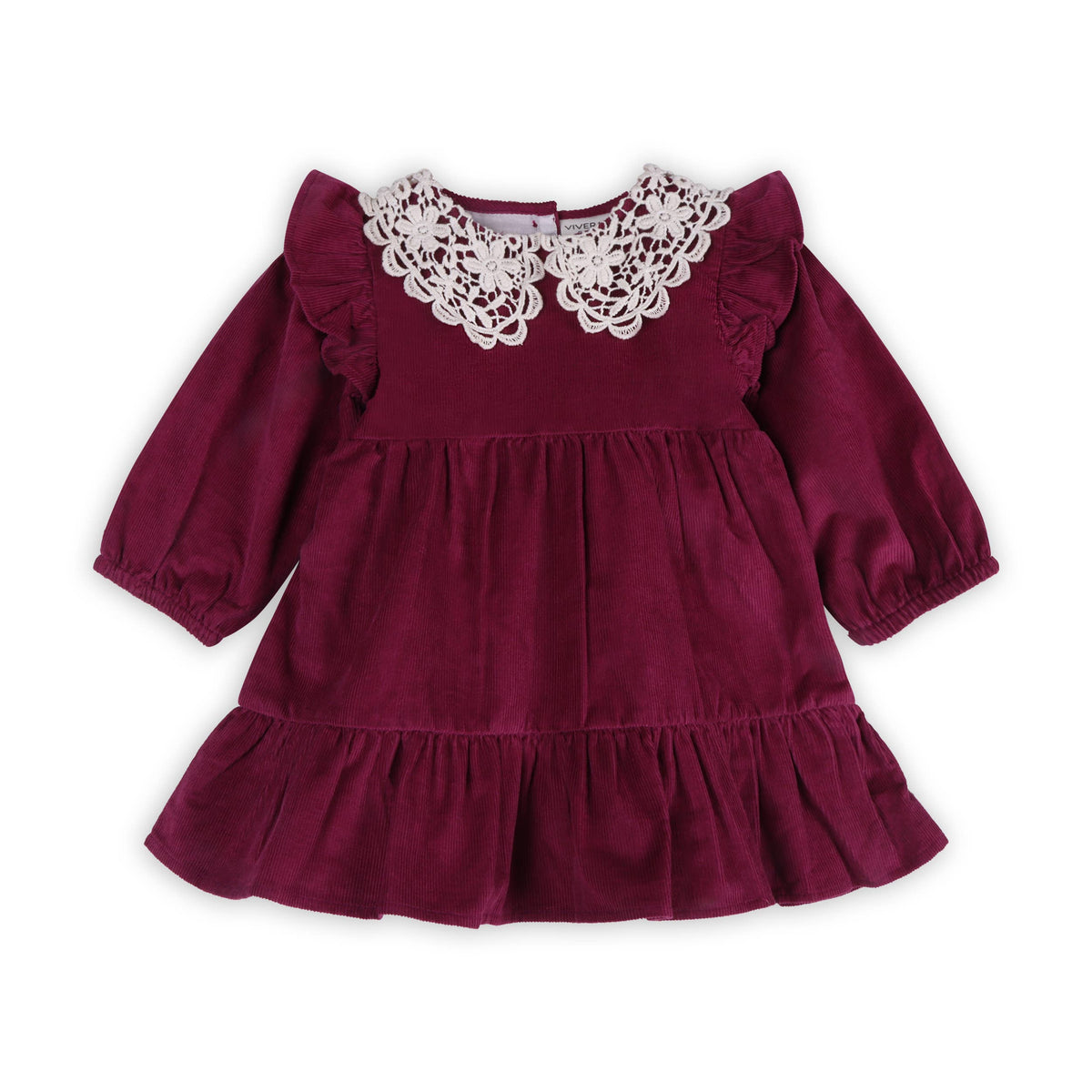 Corduroy raspberry dress for toddlers against white background. Lace collar detail.