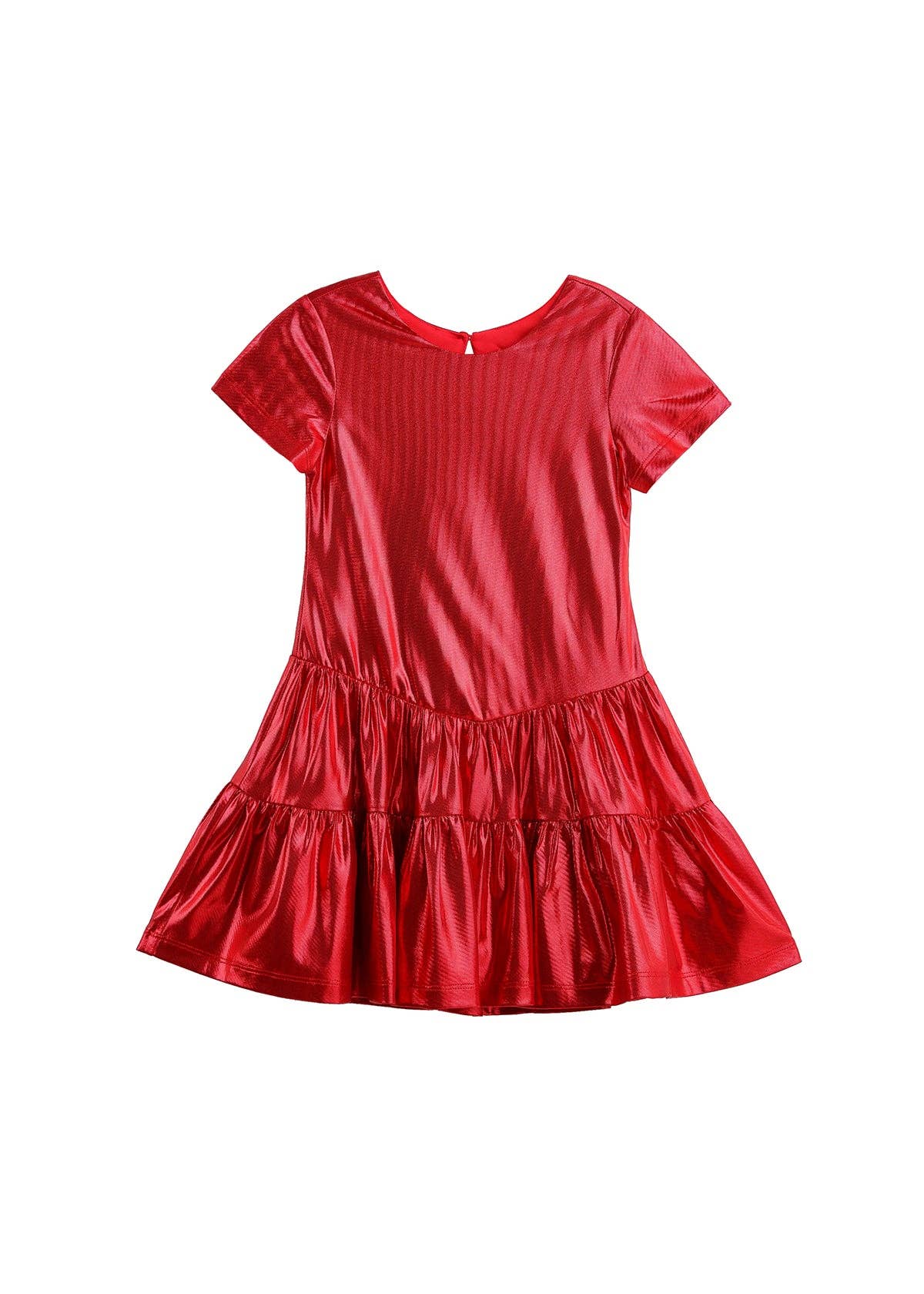 A shiny red short-sleeve dress with a tiered ruffled hem, shown against a plain white background.