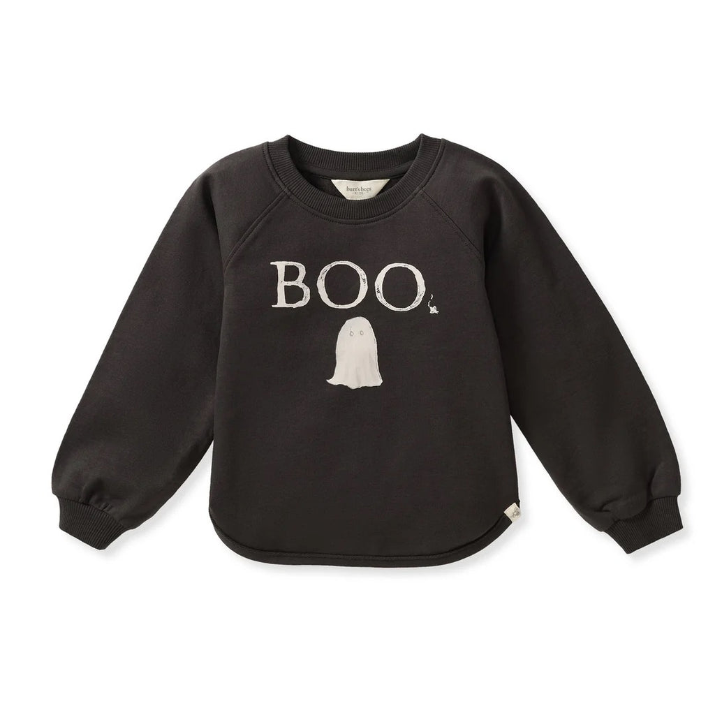 Black toddler organic cotton sweatshirt with 'BOO' and a ghost graphic on the front