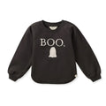 Black toddler organic cotton sweatshirt with 'BOO' and a ghost graphic on the front