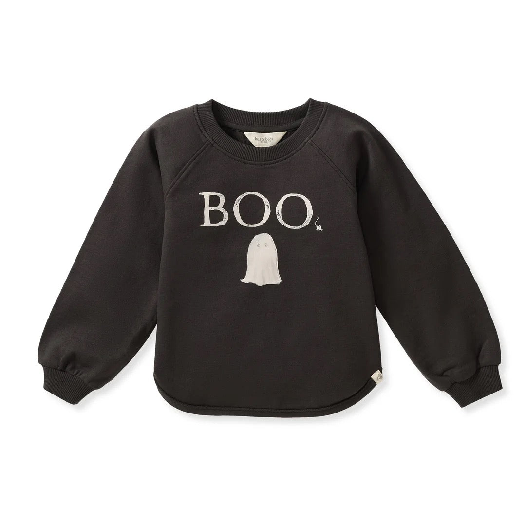 Black toddler organic cotton sweatshirt with 'BOO' and a ghost graphic on the front