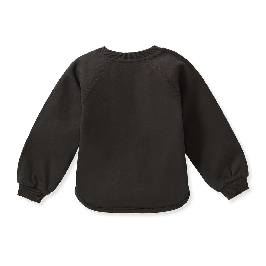A black organic cotton toddler sweatshirt shown from the back, featuring elasticized cuffs and a curved hem