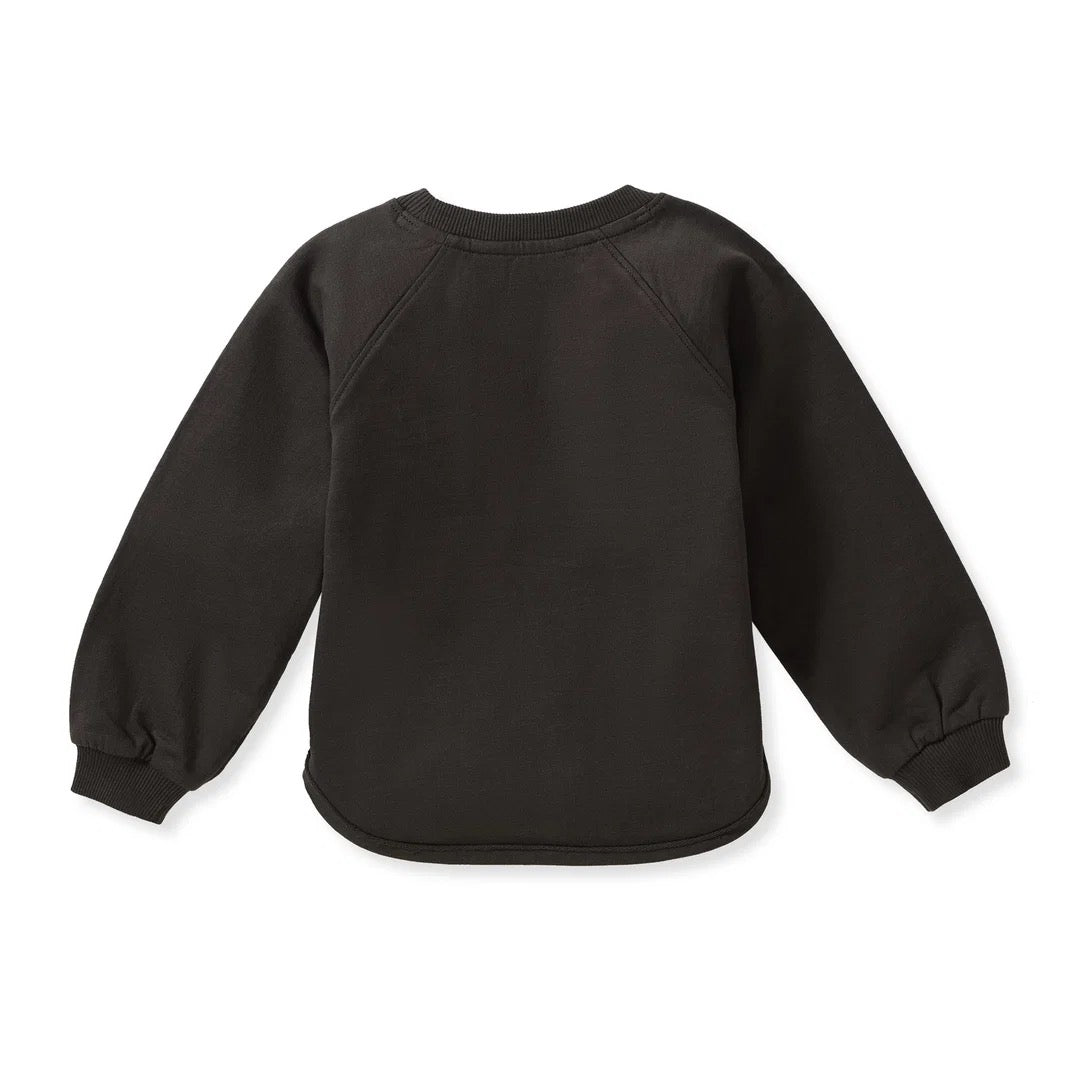 A black organic cotton toddler sweatshirt shown from the back, featuring elasticized cuffs and a curved hem