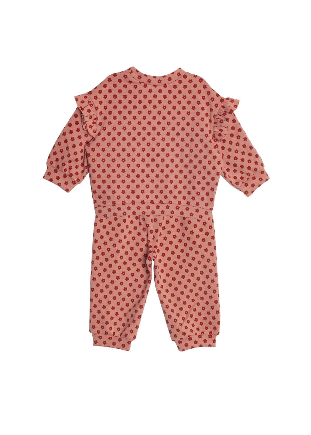 Pink polka dot onesie on a white background