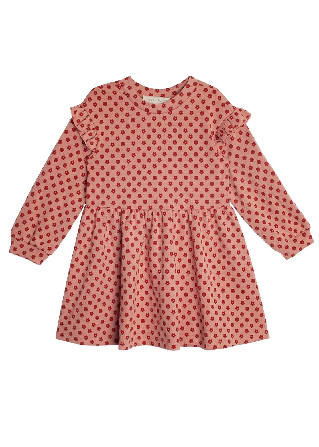 Red polka dot dress with ruffled collar on a white background
