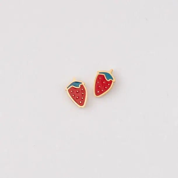 Strawberry-shaped earrings on a light gray background