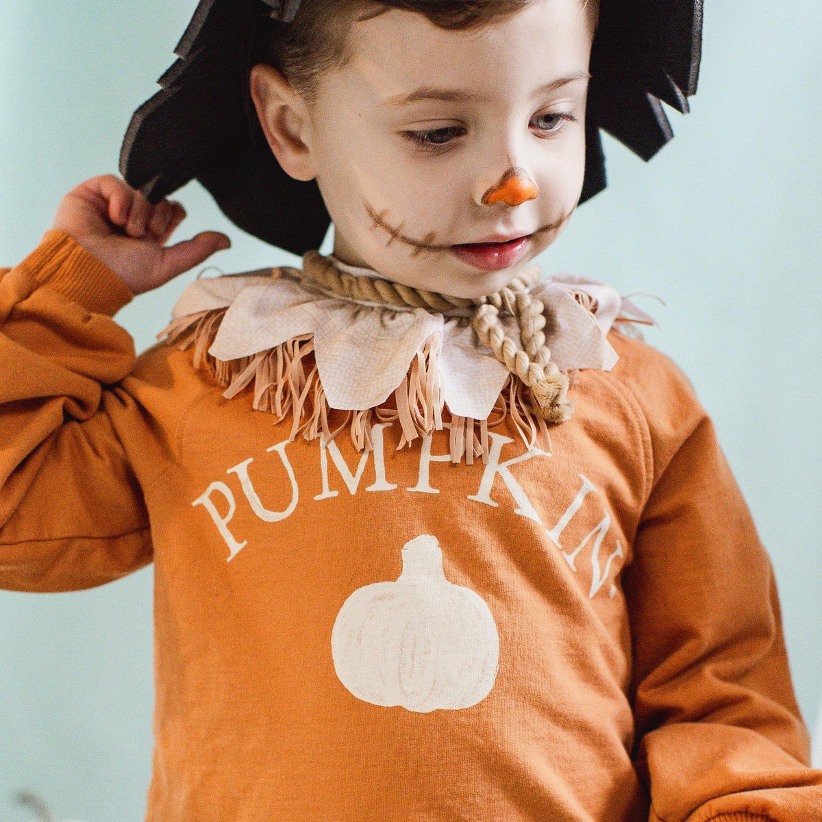Child wearing a toddler organic cotton sweatshirt with a pumpkin shirt and black hat.