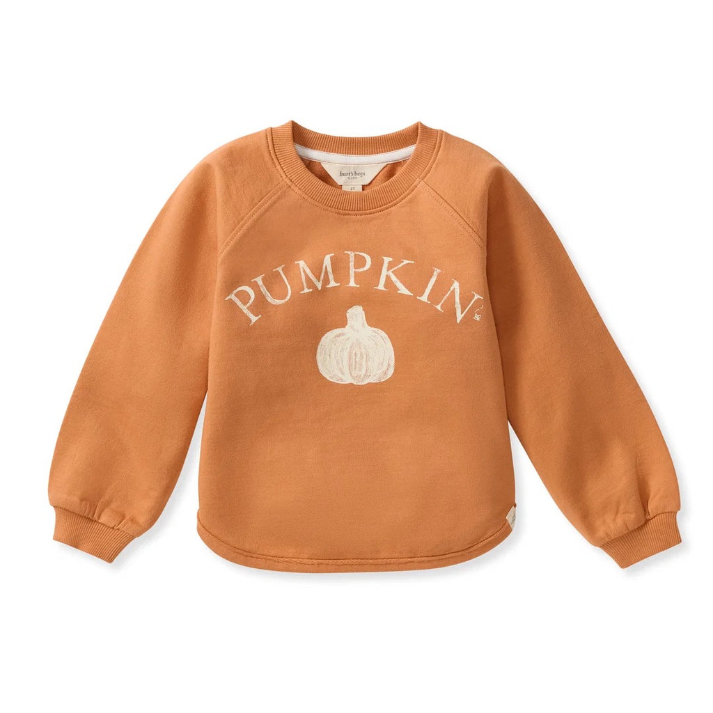 A toddler's long-sleeve organic cotton sweatshirt in a warm burnt orange color, featuring the word 'PUMPKIN' and a pumpkin graphic printed in white on the front