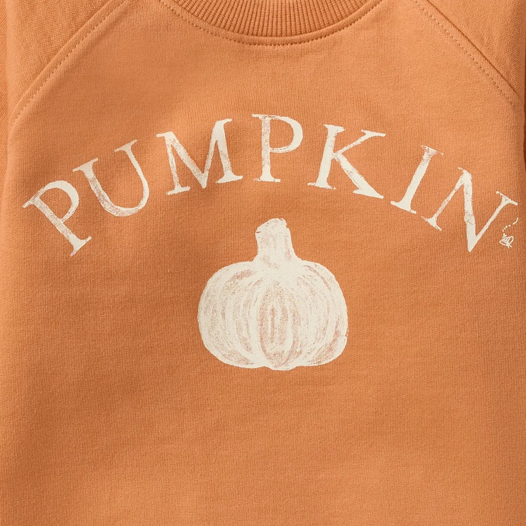 Close-up of a rust-orange sweatshirt featuring a white distressed graphic that reads 'PUMPKIN' above a white pumpkin illustration.