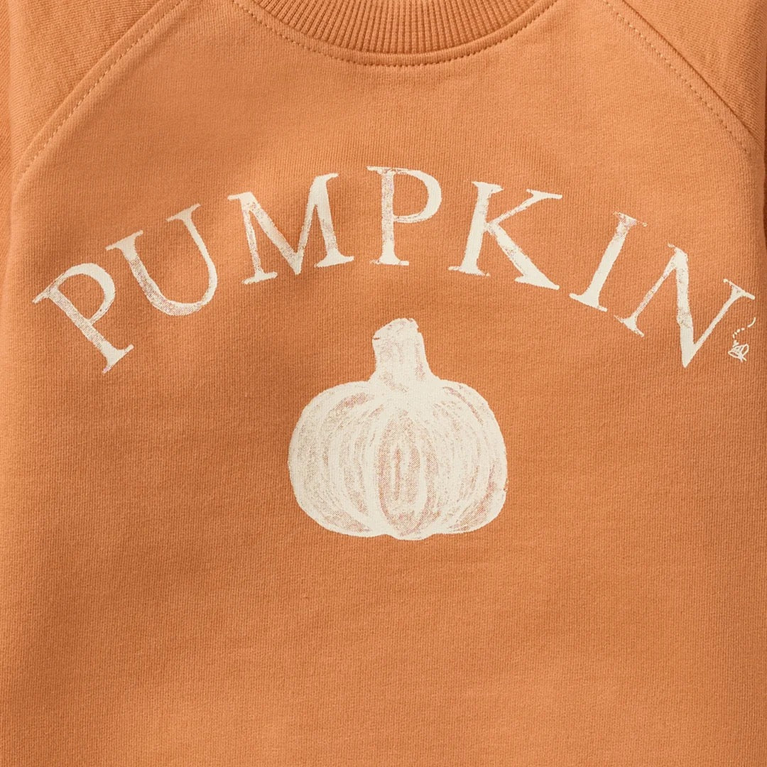 Close-up of a rust-orange sweatshirt featuring a white distressed graphic that reads 'PUMPKIN' above a white pumpkin illustration.