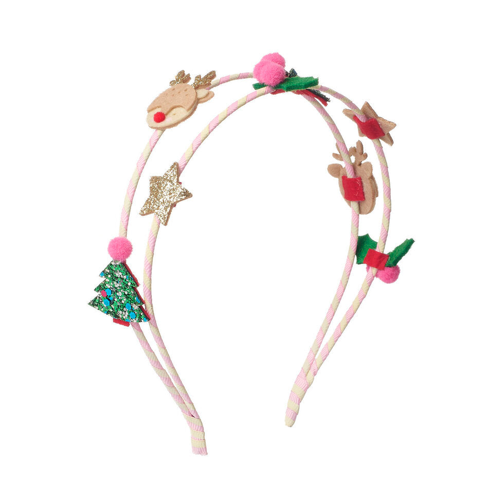 A pink double-strand headband decorated with Christmas-themed felt ornaments, including reindeer, a glittery star, a Christmas tree, holly, and pink pom-poms, shown on a plain white background.