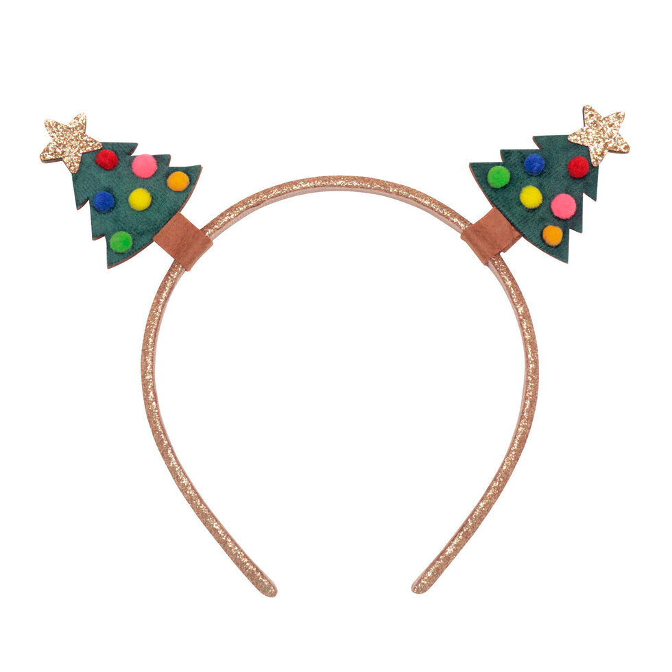 A glittery rose gold headband featuring two tree-shaped ears decorated with colorful pom-poms and gold glitter stars, shown on a plain white background.