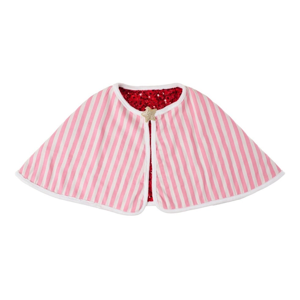Santa cape turned inside out to show pink-and-white striped lining, white trim, and a gold star fastening.