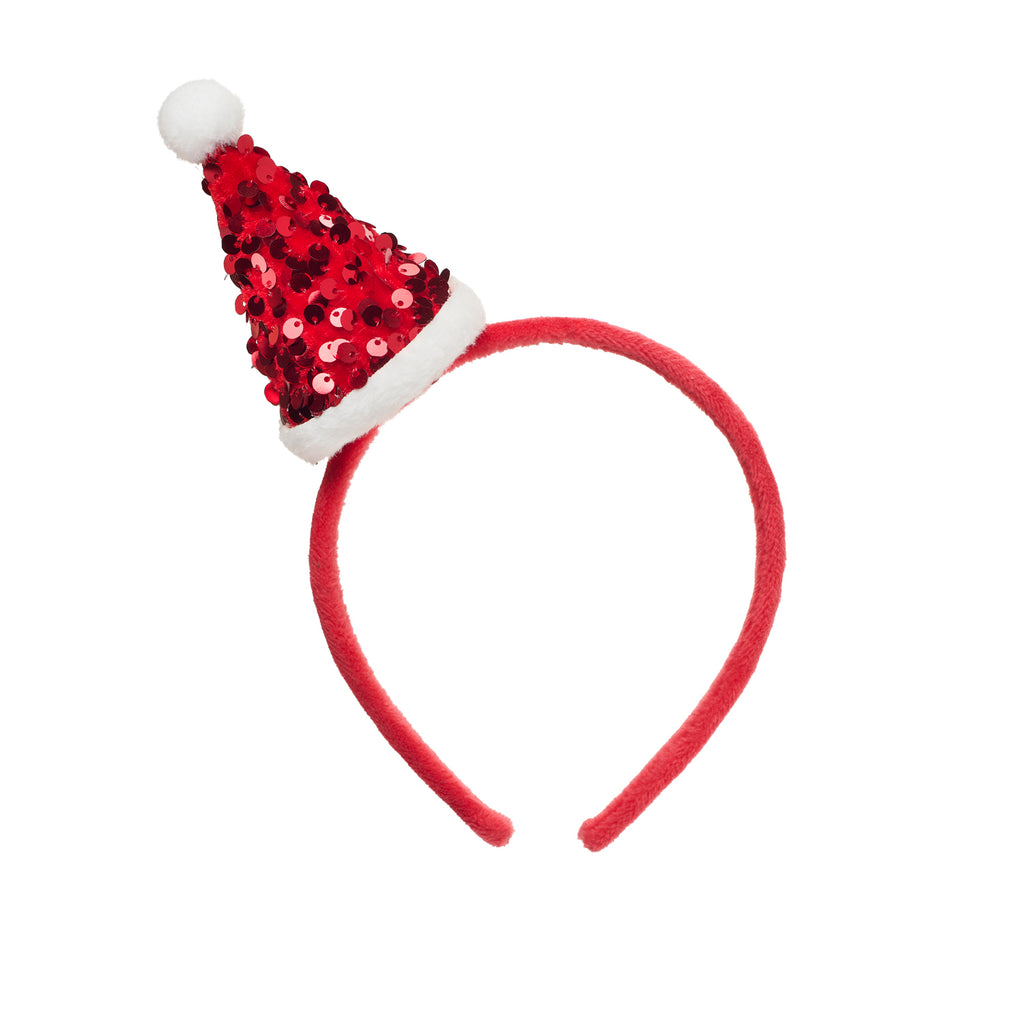 Red sequin Santa hat headband on a white background
