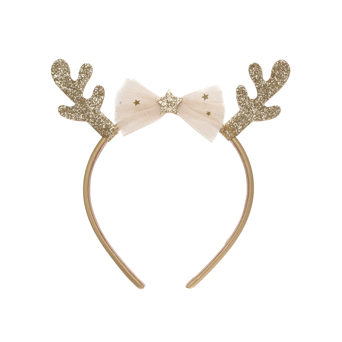 Gold glitter antlers and white bow headband on a white background