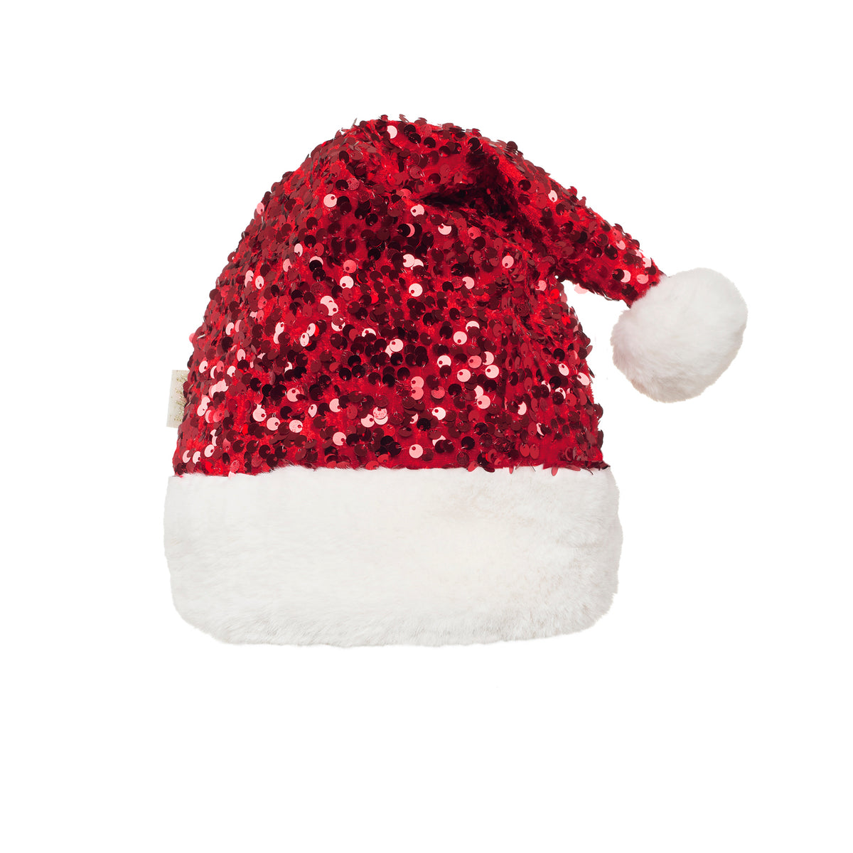 Red sequin Santa hat with white trim on a white background