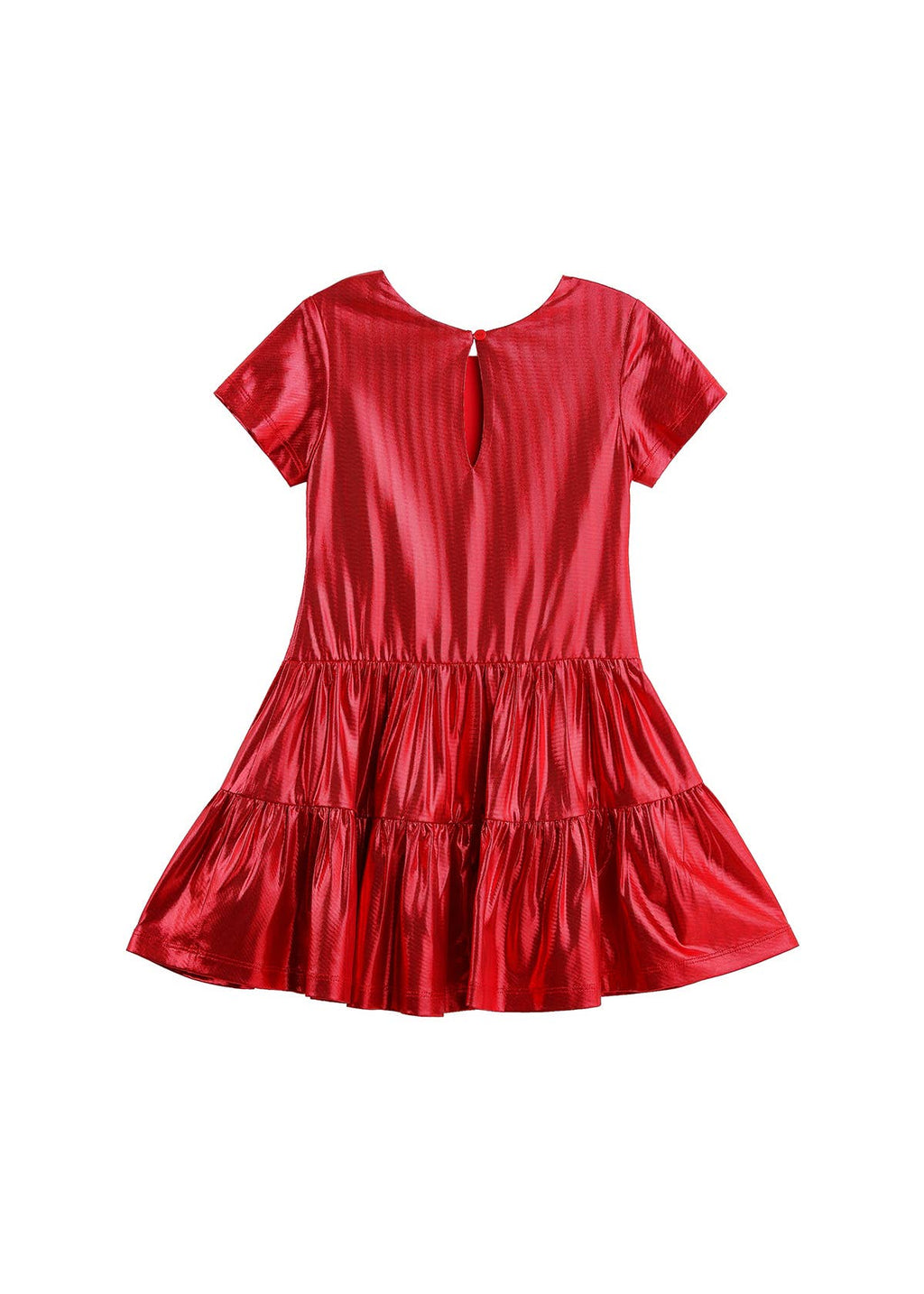 A shiny red short-sleeve dress with a tiered ruffled skirt, shown against a plain white background.