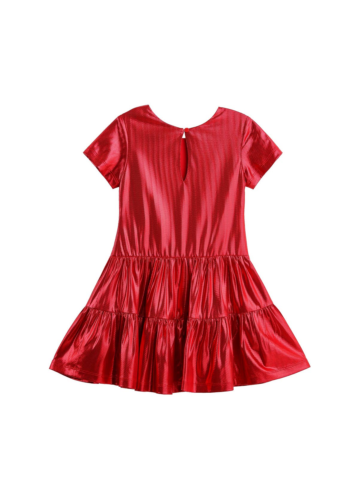 A shiny red short-sleeve dress with a tiered ruffled skirt, shown against a plain white background.
