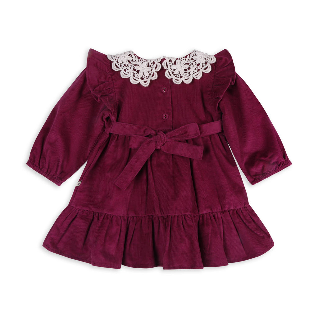 Back of corduroy raspberry dress for toddlers against white background. Lace collar detail.