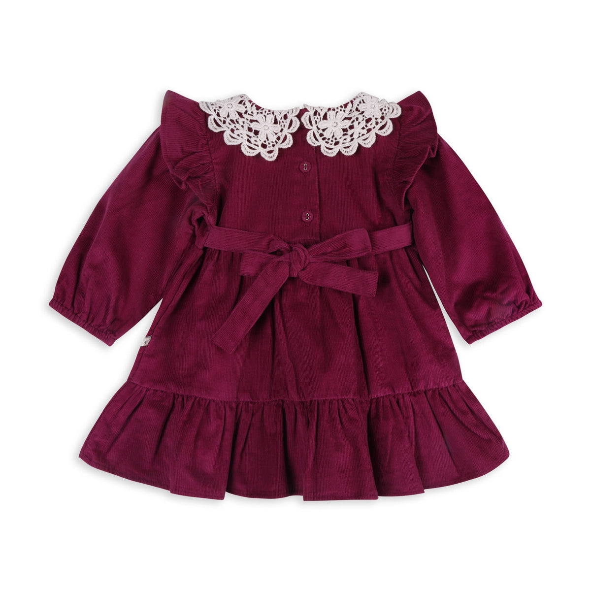 Back of corduroy raspberry dress for toddlers against white background. Lace collar detail.