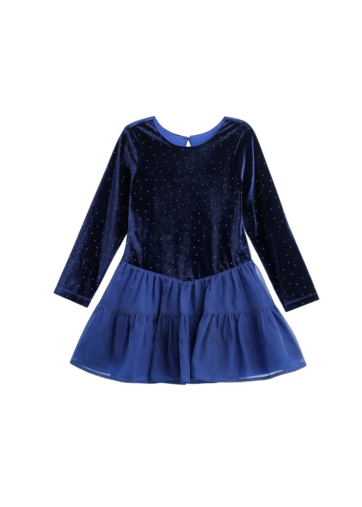 A long-sleeve toddler dress featuring a dark blue velvet bodice with subtle silver glitter accents and a tiered blue tulle skirt, shown against a plain white background.