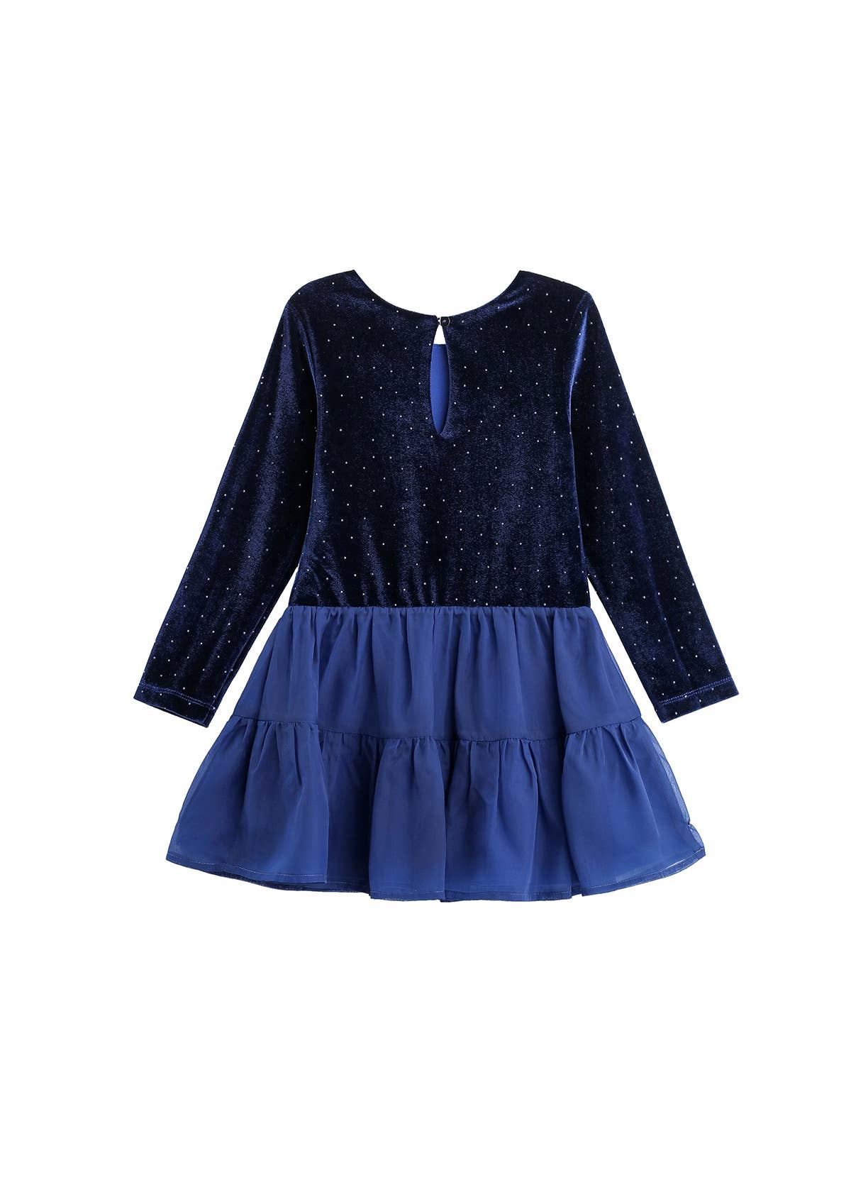 A long-sleeve children's dress with a dark navy velvet bodice featuring subtle gold speckles and a keyhole back, paired with a tiered royal blue skirt.