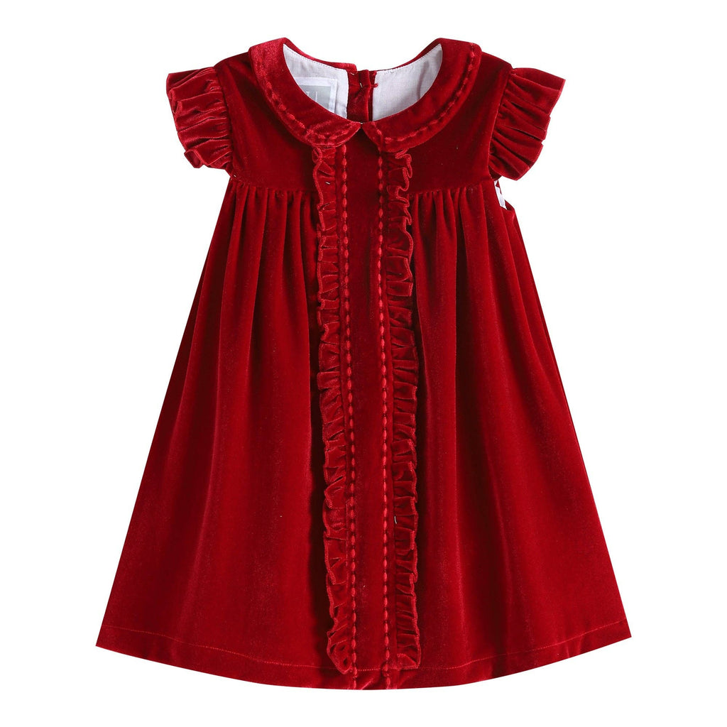 Red dress with ruffled details on a white background