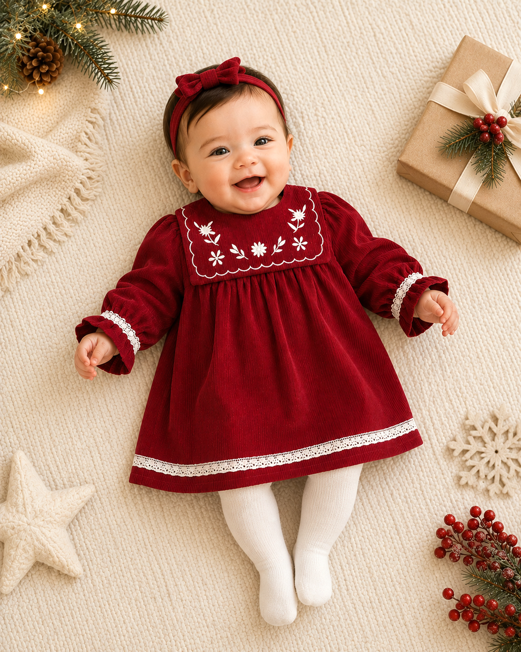 A baby wearing a festive red long-sleeve dress with white embroidered details and a matching red headband, lying on a cream textured blanket with holiday decorations.