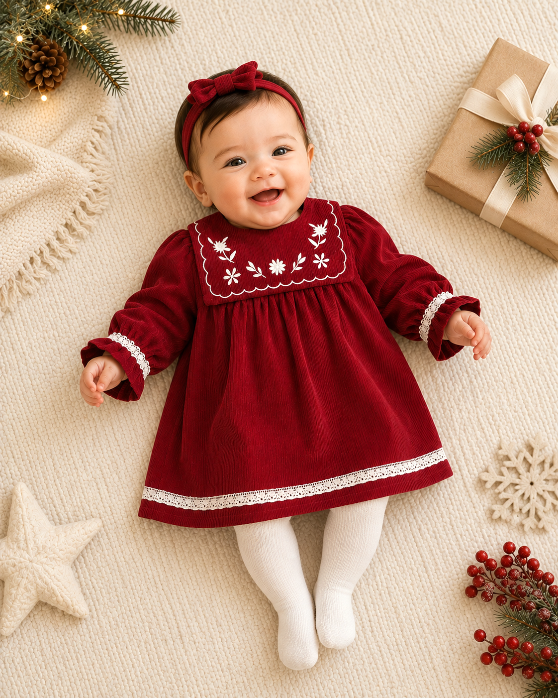 A baby wearing a festive red long-sleeve dress with white embroidered details and a matching red headband, lying on a cream textured blanket with holiday decorations.