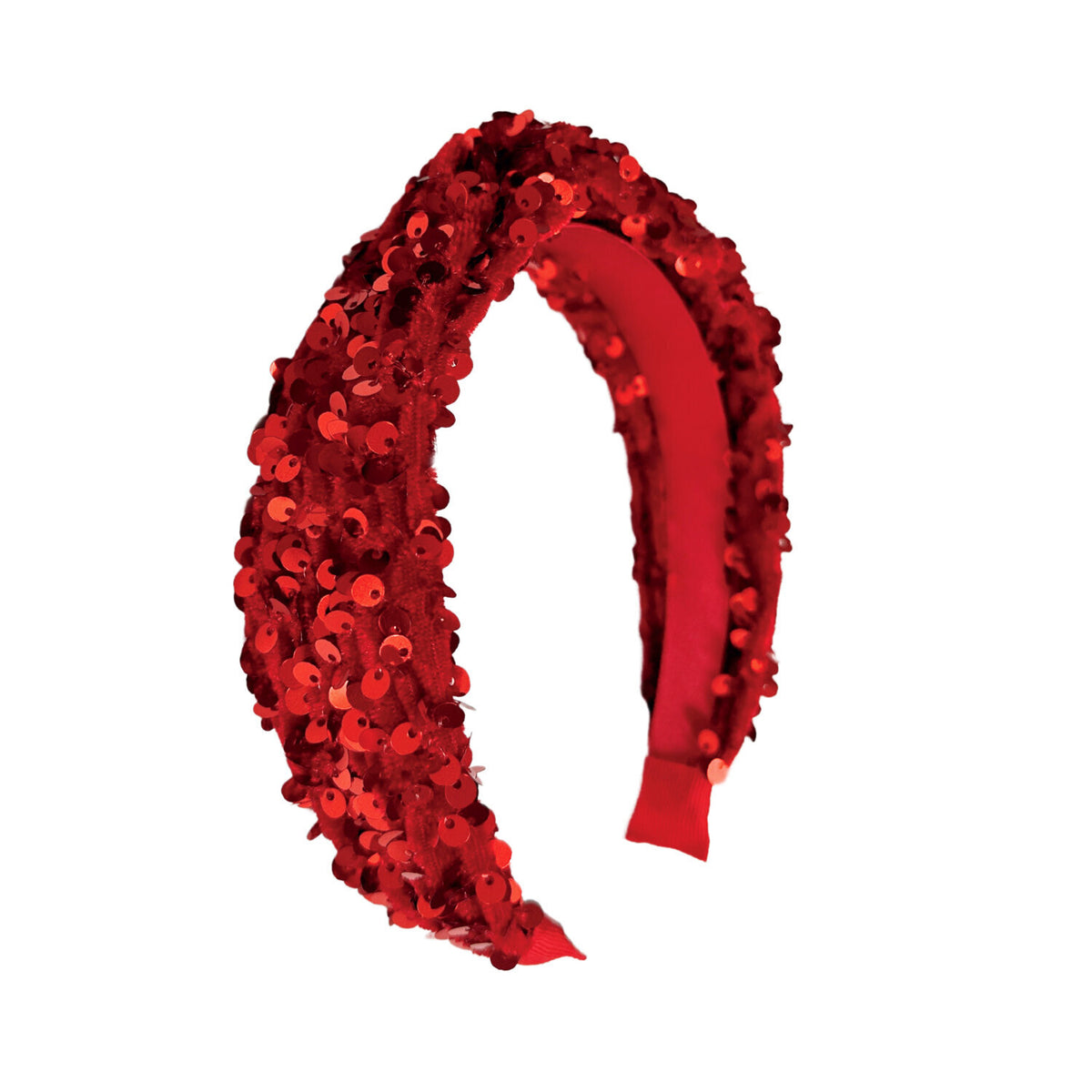 Red velvet sequin headband on white background